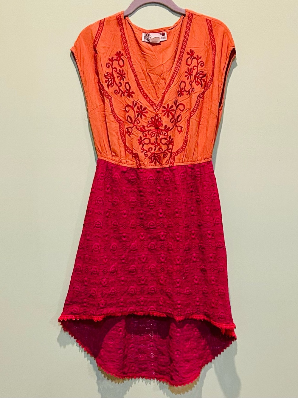 Flying Tomato Orange & Fuchsia Embroidered High-Low Dress